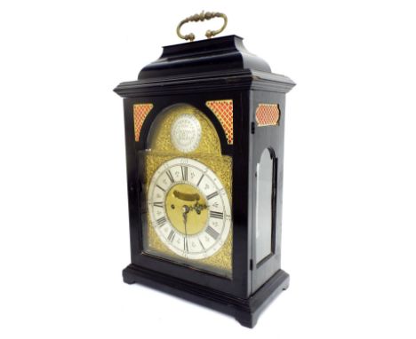 English ebonised double fusee bracket clock, the 8" brass arched dial signed John Ingram, Spalding on a silvered engraved con