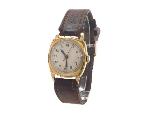 Cushion cased 9ct mid-size gentleman's wristwatch, Birmingham 1942, circular silvered dial with Arabic numerals, minute track