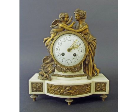 French bronzed and white marble two train mantel clock, the Vincenti movement with outside countwheel striking on a bell, the