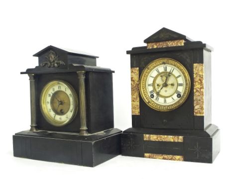 French black slate and red veined marble two train mantel clock within a stepped case, with Ansonia movement, 12.5" high (pen