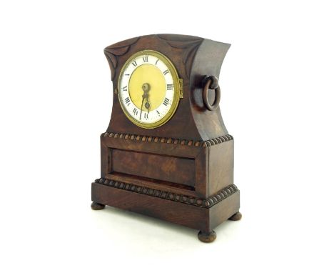 Mahogany single fusee mantel clock timepiece, the 3.75" white chapter ring enclosing a gilt centre, within a stepped beaded c