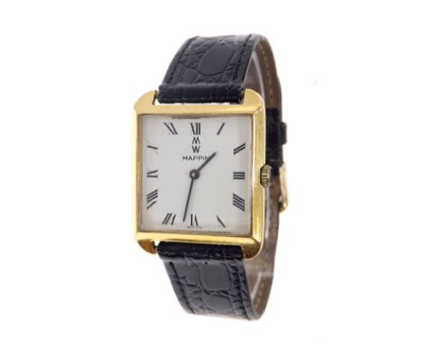 (551456-1-A) Mappin 18ct square cased gentleman's wristwatch, ref. 2548, square white dial with Roman numerals, black lizard 