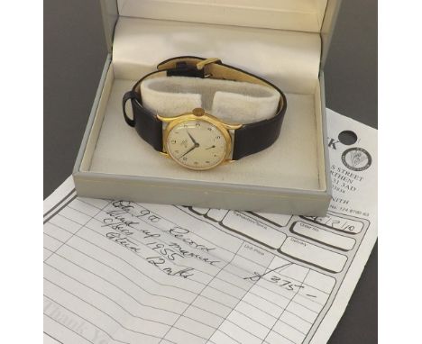 Record 9ct gentleman's wristwatch, London 1955, silvered dial with Arabic numerals and subsidiary seconds, 022-18 15 jewel mo