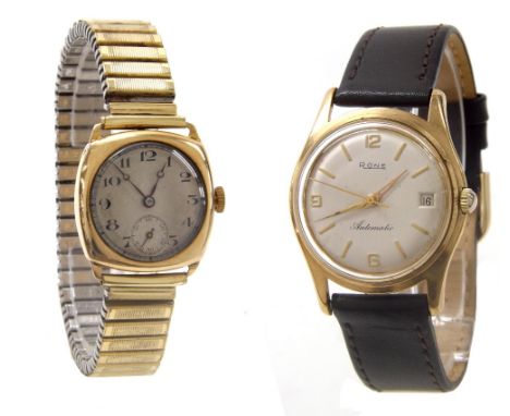 Cushion cased 9ct wristwatch, Chester 1927, circular silvered dial with outer minute track, subsidiary seconds and moon hands