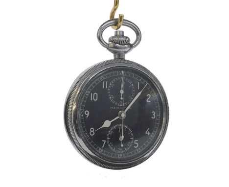 Hamilton Military issue push-button chronograph nickel cased lever pocket watch, signed model 23 19 jewel movement, adjusted 