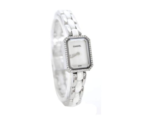 (402089-1-A) Chanel Premier ceramic and stainless steel lady's bracelet watch, ref. S.G. 99774, rectangular white dial, diamo