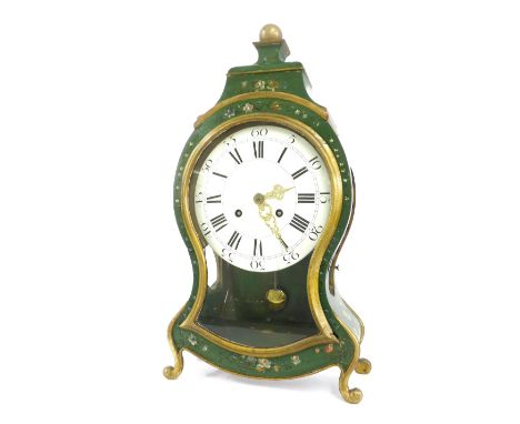 Swiss two train verge bracket clock striking on a bell in the arch, the 9" white dial within a balloon shaped green painted w