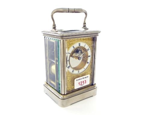 Unusual and rare carriage clock striking on a bell, the Japy Freres & Cie movement numbered 100 to the back plate and base, t