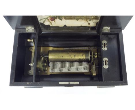 Faux rosewood cased music box playing on eight airs, with crank handle and 6" cylinder, within an inlaid case painted with sp