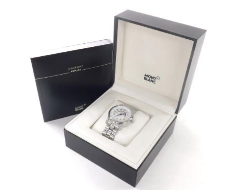 MontBlanc Star World Time automatic stainless steel bracelet watch, ref. 7203, no. PL741579, circular silvered Guilloche dial