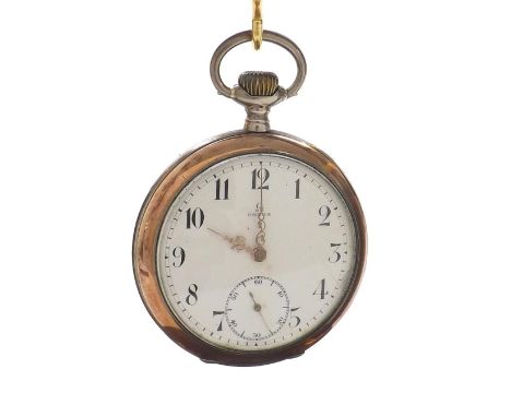 Omega white metal lever pocket watch, gilt frosted movement, signed dial with Arabic numerals and subsidiary seconds, engine 