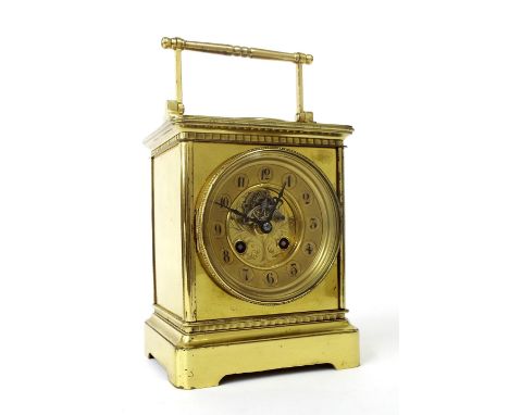 Giant carriage style two train mantel clock with aneroid barometer inset to the top, the 3.75" chapter ring enclosing a folia