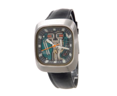 Bulova Accutron Spaceview stainless steel gentleman's wristwatch, circa 1970s, the skeletonised dial with orange centre secon