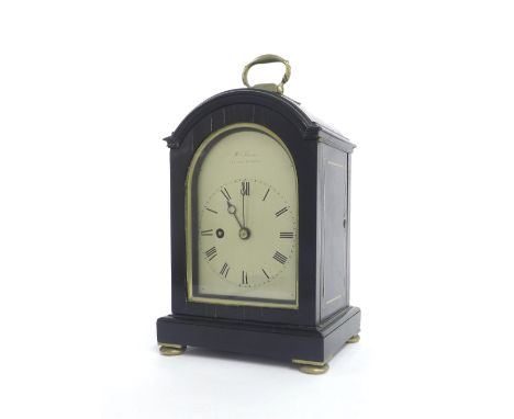 Good English miniature ebony veneered single fusee bracket clock, the 3" silvered arched dial signed William Johnson, 50, Str