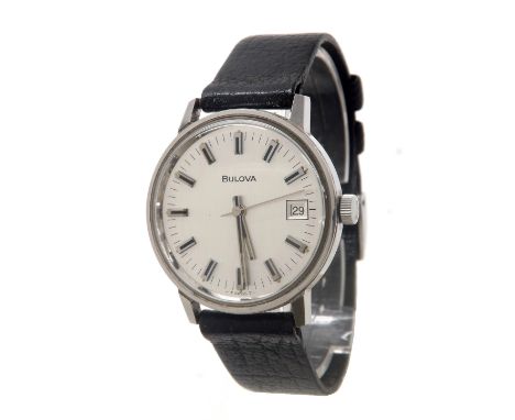 Bulova stainless steel gentleman's wristwatch, case ref. 7196, circular silvered dial with date aperture and centre seconds, 