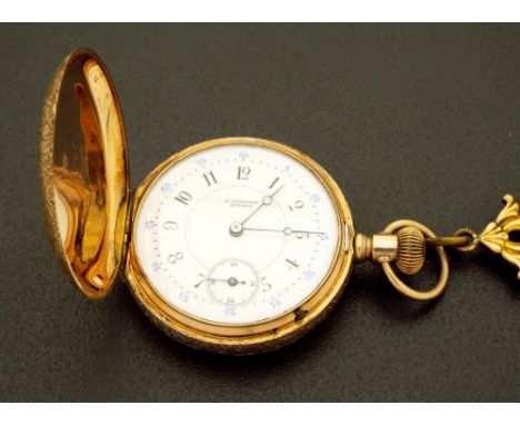 Swiss gold hunter lever engraved fob watch, signed R. Lannier, Geneva, the dial with Arabic numerals, outer blue minute divis