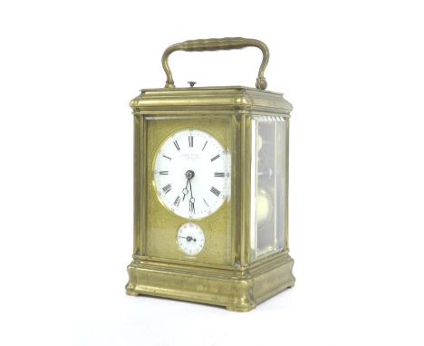 French repeater carriage clock with alarm, the movement back plate bearing the Drocourt trademark logo and stamped no. 12219/