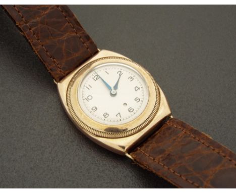 Harwood 9ct 'bumper' automatic wristwatch, import hallmarks for London 1928, adjusting rotating bezel, silvered dial with Ara
