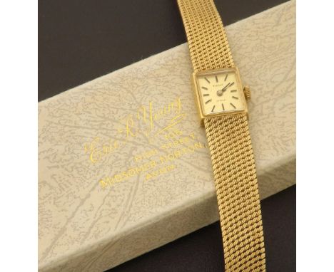 Tissot Stylist 9ct lady's bracelet watch, gilded dial with baton markers, integral woven bracelet, mechanical movement, 25.1g