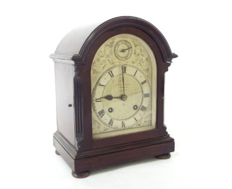 English walnut two train bracket clock, the 6" silvered arched foliate engraved dial plate signed Barraud & Lunds Limited, 14