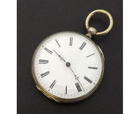 Continental white metal cylinder pocket watch, the dial with Roman numerals within an engine turned and engraved case depicti