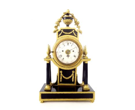 Austrian ebonised and gilt painted three train portico type mantel clock, the movement striking on three separate bells, the 