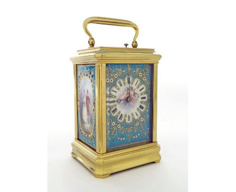 Fine repeater porcelain panelled carriage clock striking on a gong, the movement back plate stamped no. 3966, the chapter rin