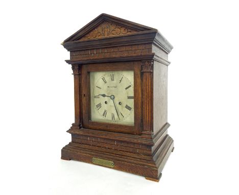 Oak two train mantel clock striking on a gong, the 6" silvered square dial signed Thwaites & Reed, Clerkenwell, within an arc