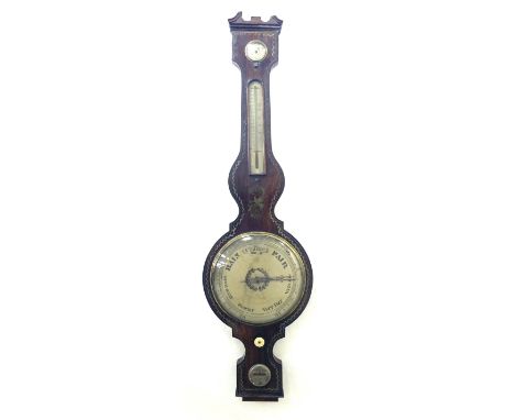 Rosewood four glass banjo barometer, the 10" silvered dial within a foliate painted shaped case surmounted by a swan neck ped