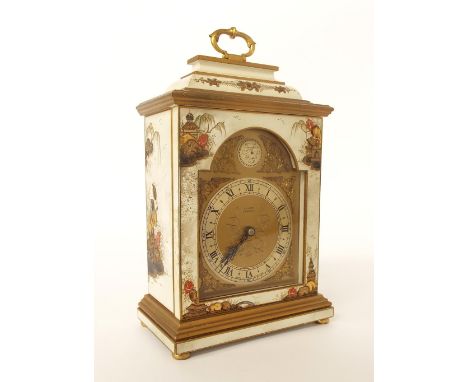 Contemporary Elliott bracket clock timepiece signed R.E. Porter, Bournemouth, within a cream chinoiserie decorated case, 12" 