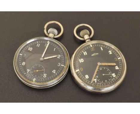 Enicar British Military Army issue nickel cased lever pocket watch, signed FHF 2144 movement, the black dial with Arabic nume