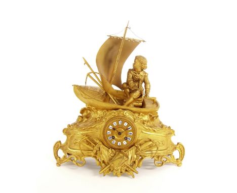 French gilt metal two train mantel clock striking on a bell, the 3.5" gilt dial with Roman cartouche enamel numerals, within 