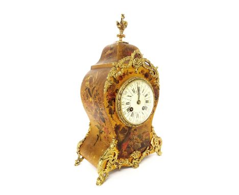 French Vernis Martin style two train mantel clock striking on a gong, within a balloon shaped case with gilt metal foliate mo