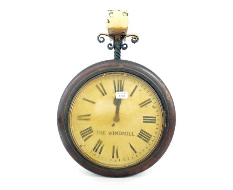 Mahogany single fusee double-sided public wall clock inscribed 'The Windmill' to both sides, within turned surrounds and with