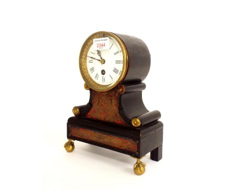 French boulle and ebonised drumhead mantel clock timepiece, 10" high