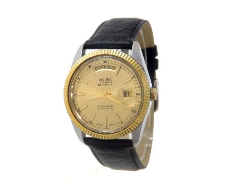 Sicura Day-Date Full-Lever automatic stainless steel gentleman's wristwatch, ref. 9241, circular gilt dial with baton markers