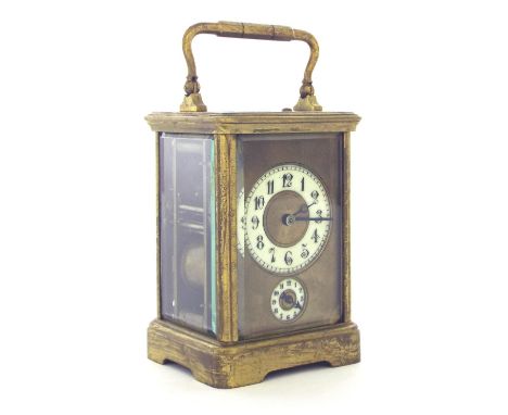 French repeater carriage clock with alarm, the movement striking the hours and quarters on two gongs, the 2" cream chapter ri