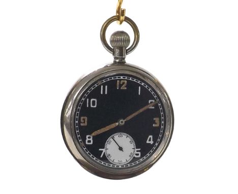 Record WWII British Military Army issue nickel cased lever pocket watch, 15 jewel cal. 433 movement, the black dial with Arab