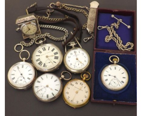 Silver (0.935) cylinder engine turned pocket watch; together with two silver lever pocket watches, silver lever engine turned