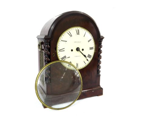 English mahogany double fusee bracket clock, the 7.75" cream dial signed Bentley, London, within a rounded arched case with b