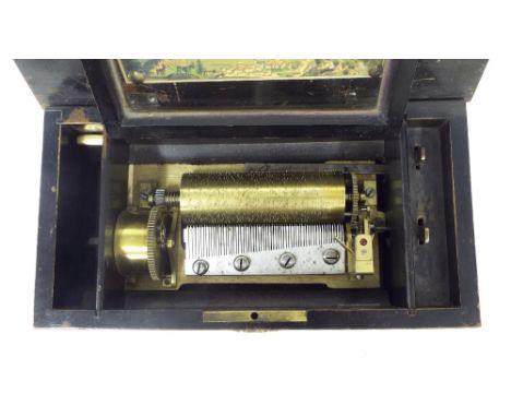 Small rosewood cased music box playing on six airs and with tune sheet, with crank handle and 5" cylinder, within an inlaid c
