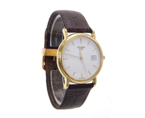 (550738-1-A) Tissot 18ct gentleman's wristwatch, circular white dial with baton markers, date aperture and centre seconds, qu