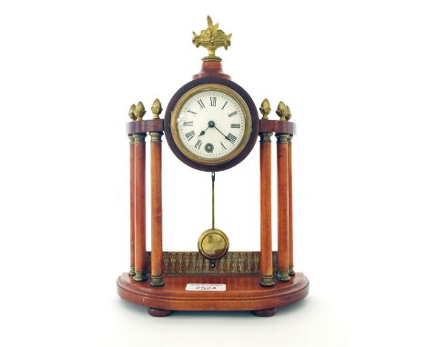 Small mahogany drumhead six pillar mantel clock timepiece, 7.75" high (pendulum and key)