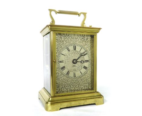 Good giant English repeating double fusee carriage clock striking on a gong, the silvered strapwork engraved dial plate and m