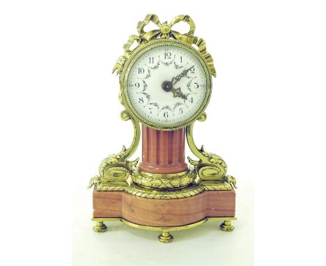 Small French pink marble and gilt metal mounted drumhead mantel clock timepiece, the 2.25" painted white dial supported upon 