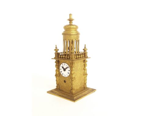Novelty gilt metal mantel clock timepiece in the form of a bell tower, 11" high
