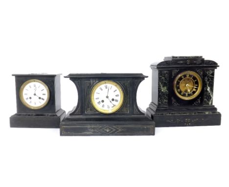 Black slate and green marble mantel clock timepiece, within a stepped breakfront case, 7" high; also two other smaller two tr