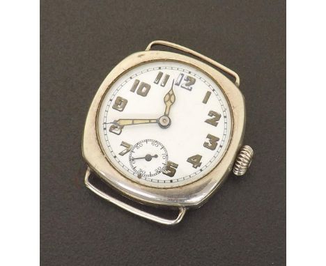 Silver cushion cased wire-lug wristwatch, import hallmarks Edinburgh 1929, circular white dial with Arabic numerals, outer mi