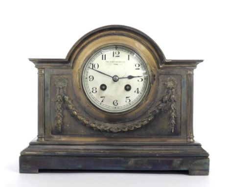 French silvered metal two train mantel clock striking on a gong, the 4" silvered dial signed The Alex Clark Co Limited, Paris