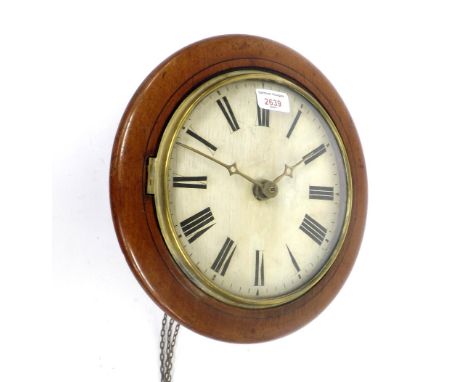Black Forest postman's alarm wall clock, the 9" cream dial within a stained pine turned surround (pendulum and two weights)